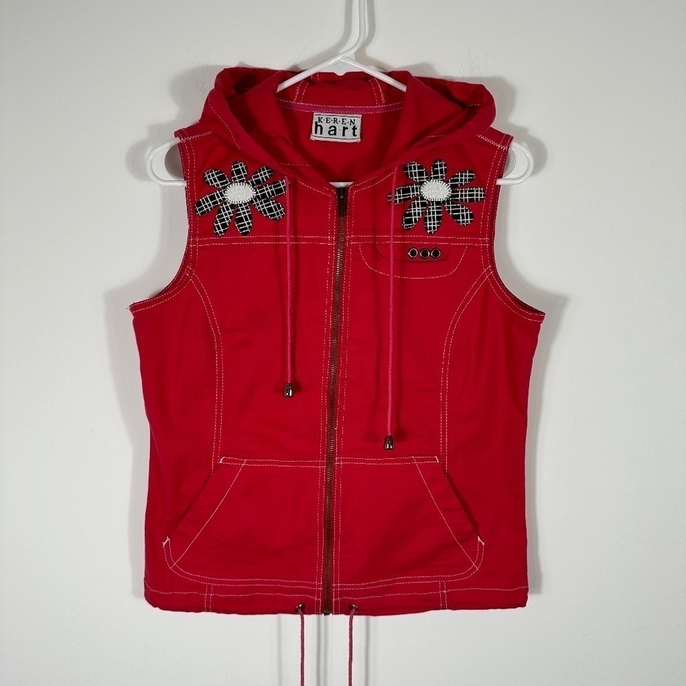 Y2K Keren Hart Red Zip Hooded Vest Size Small Pockets
